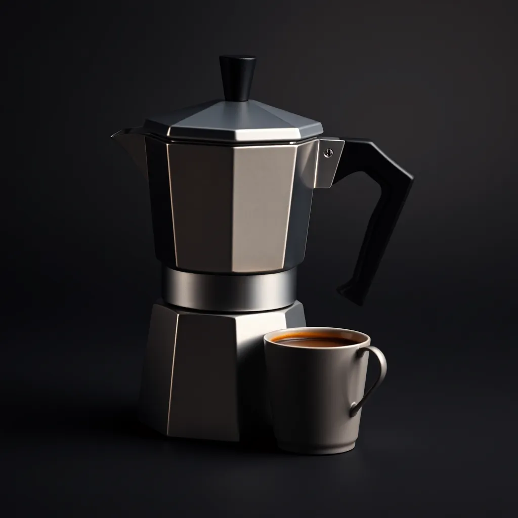 Cafetera moka de aluminio junto a una taza
