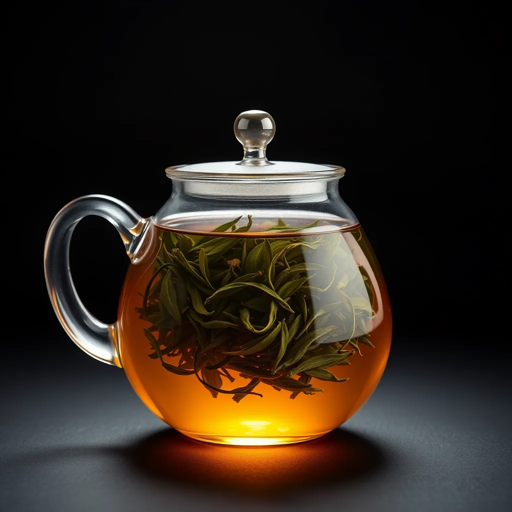 Tetera de vidrio con hojas enteras de té abiertas en el agua.