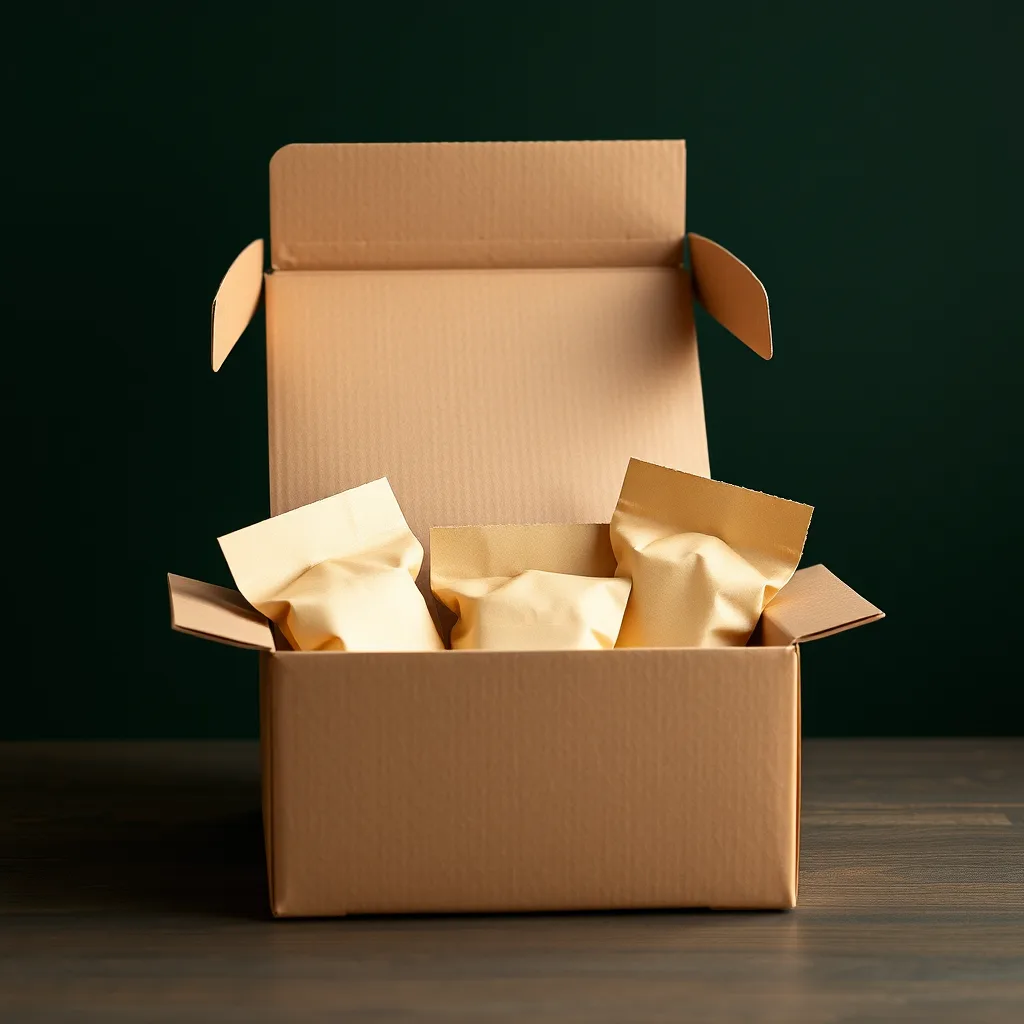 Caja de cartón abierta con cuatro sobres de muestra.