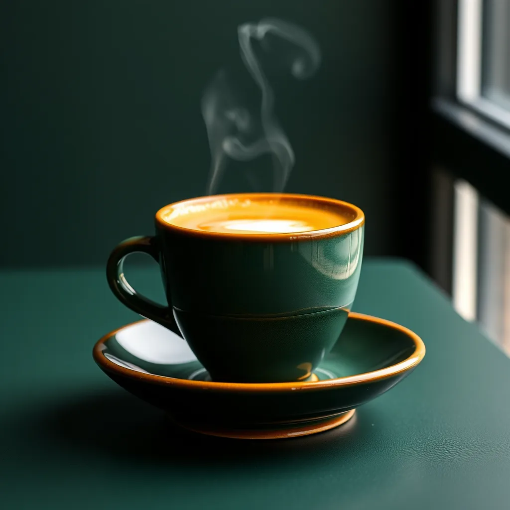 Taza verde de espresso con crema sobre su platillo.