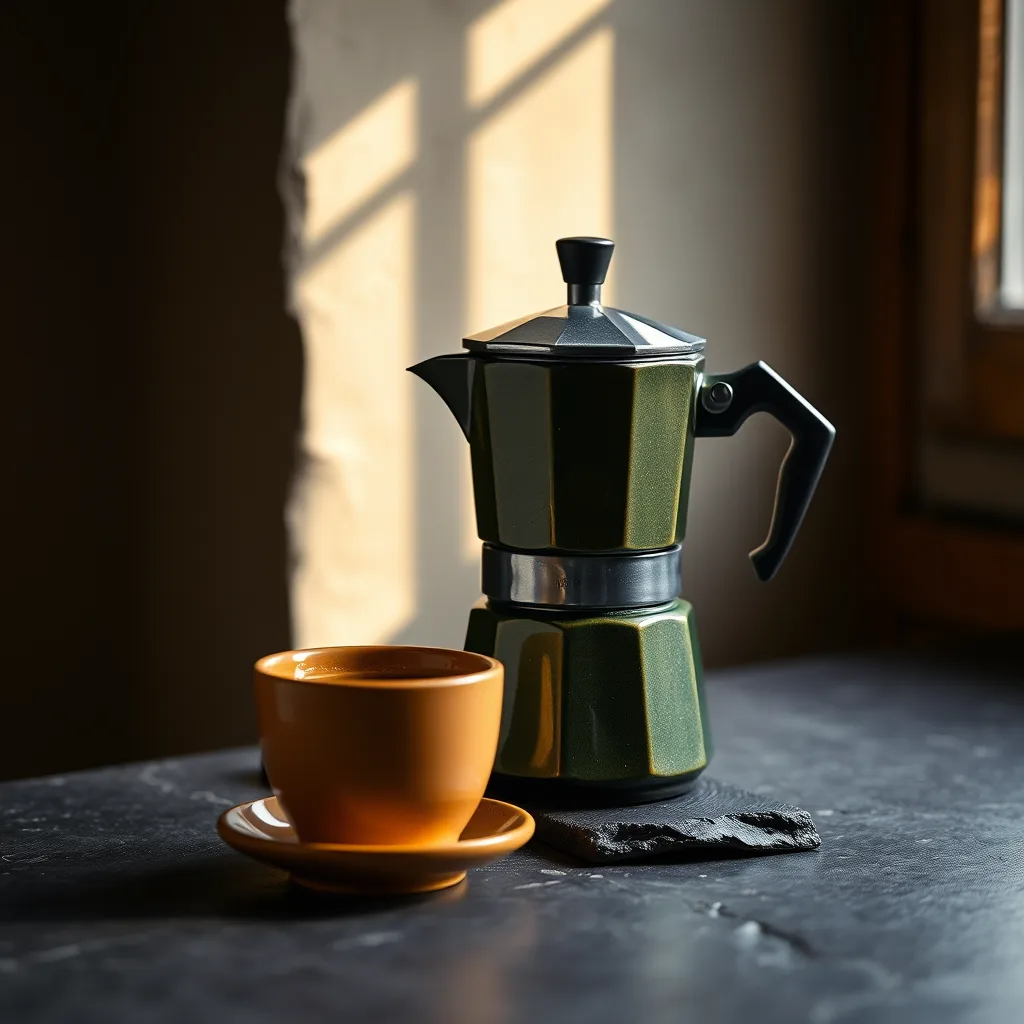 Cafetera moka sobre la mesa junto a una taza de café.