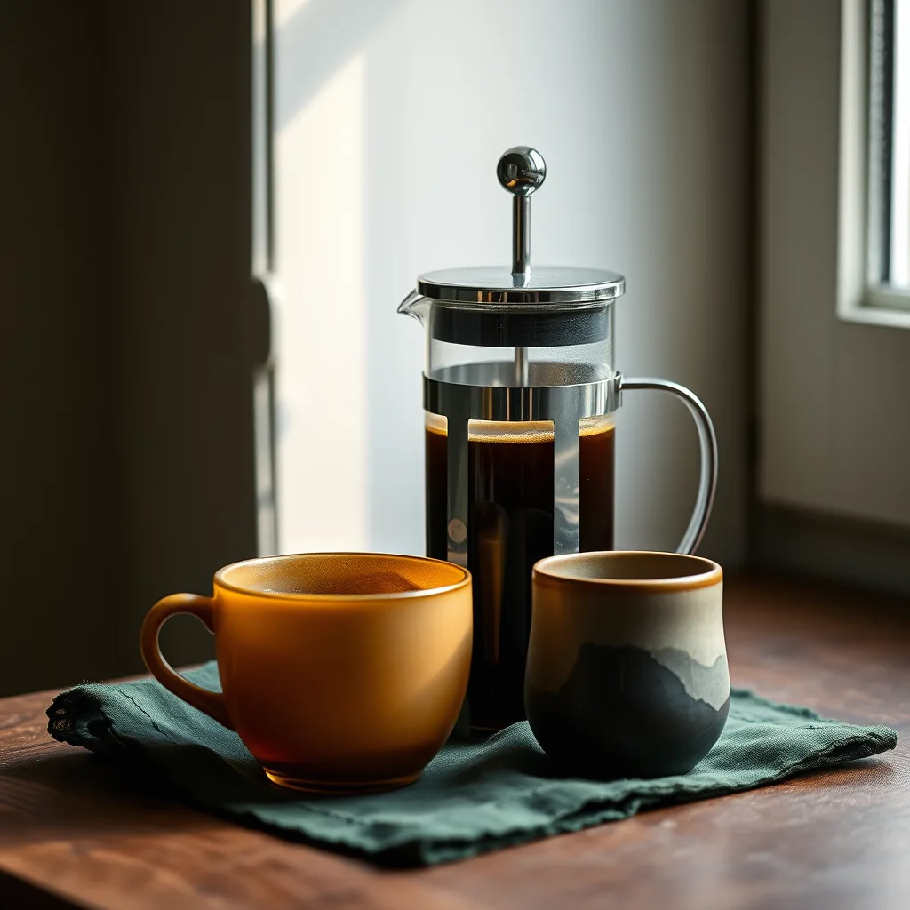 Prensa francesa con café y dos tazas sobre un paño verde.